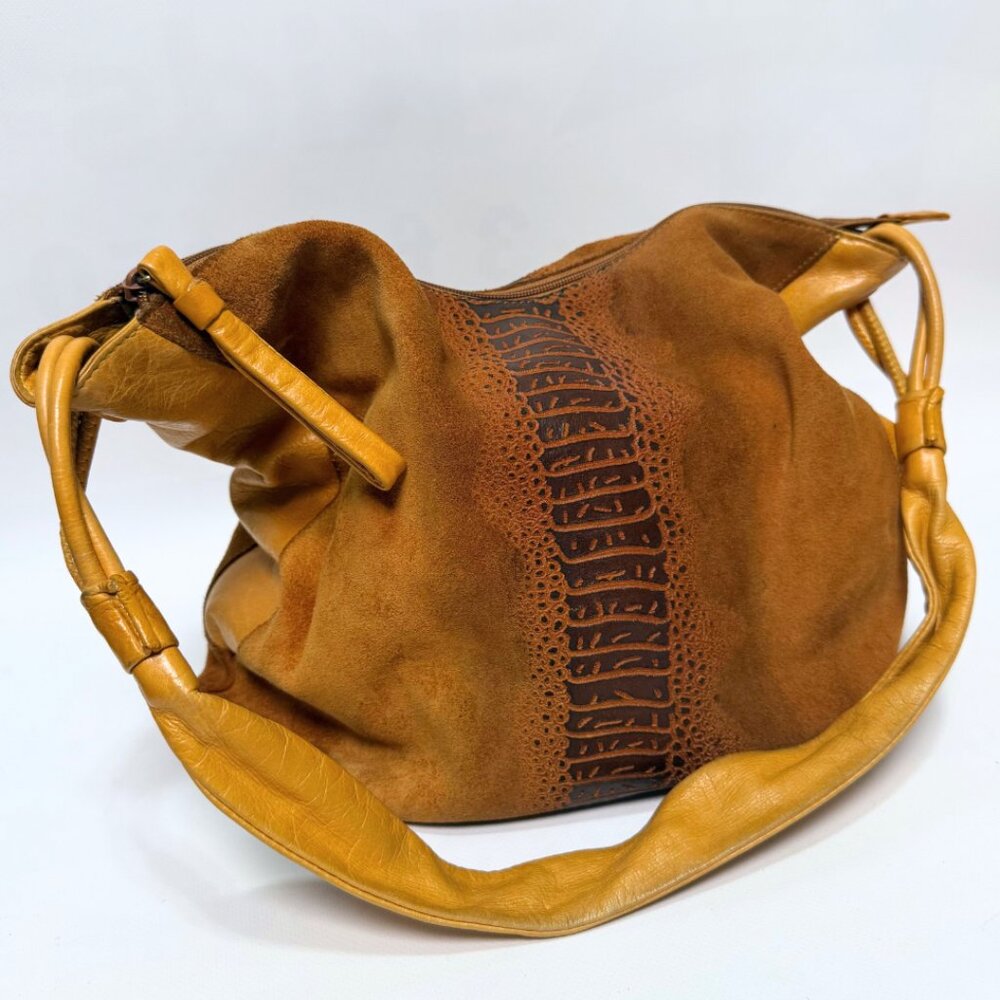 Vintage Sabrina Scala Suede Leather Hobo Bag – Textured Animal Detail – Retro